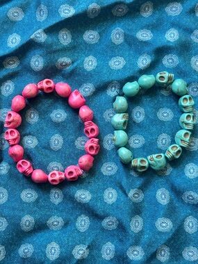Pink & Turquoise Skull Bead Stretch Bracelets Set Boho Gothic Jewelry